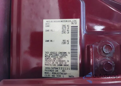 2010 Nissan Altima 2.5 S z USA, uszkodzony, nr VIN 1N4AL2AP9AN535535